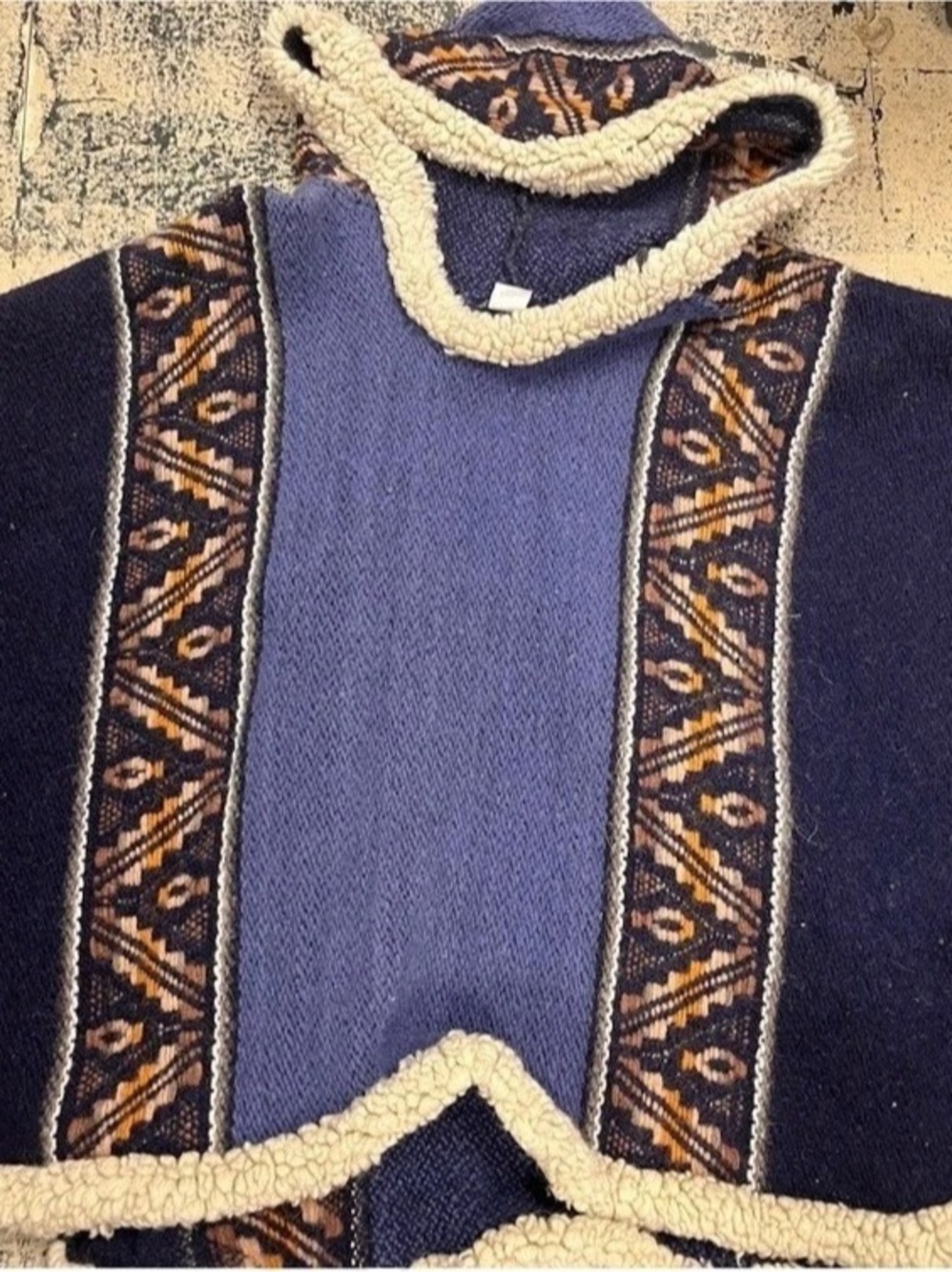 VTG 90s Southwestern Aztec Navy Blue Hooded Poncho 100% Sheep wool